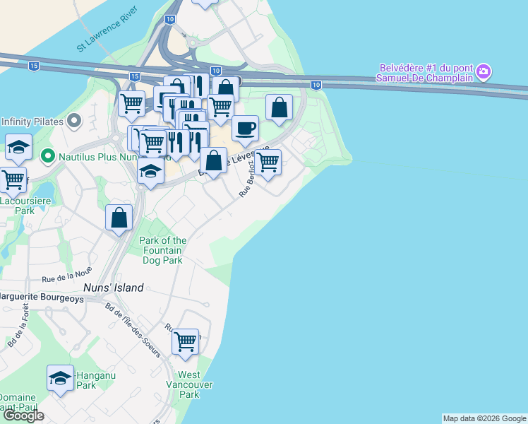 map of restaurants, bars, coffee shops, grocery stores, and more near 50 Rue Berlioz in Montréal