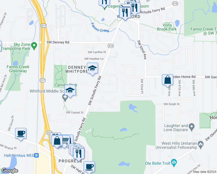 map of restaurants, bars, coffee shops, grocery stores, and more near 9680 Southwest Marjorie Lane in Beaverton