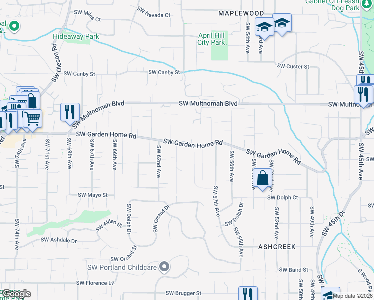map of restaurants, bars, coffee shops, grocery stores, and more near 5877 Southwest 59th Avenue in Portland