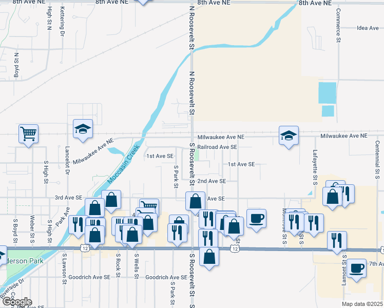 map of restaurants, bars, coffee shops, grocery stores, and more near 11 South Roosevelt Street in Aberdeen