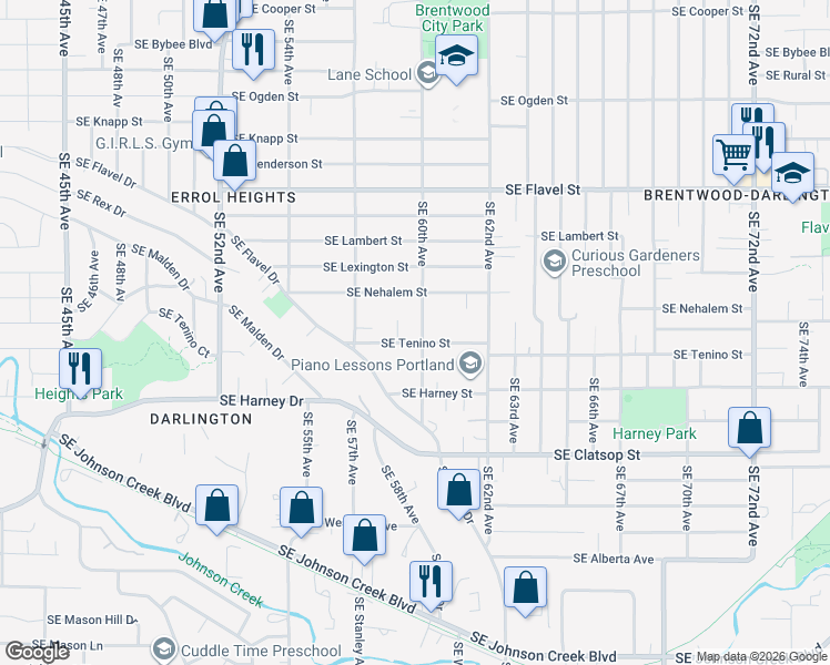 map of restaurants, bars, coffee shops, grocery stores, and more near 8053 Southeast 60th Avenue in Portland