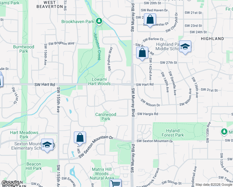 map of restaurants, bars, coffee shops, grocery stores, and more near 14770 Southwest Hart Road in Beaverton