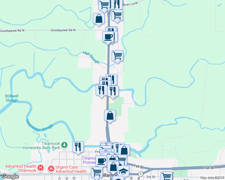 map of restaurants, bars, coffee shops, grocery stores, and more near 1145 North Main Street in Tillamook