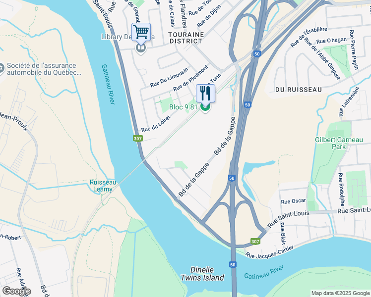 map of restaurants, bars, coffee shops, grocery stores, and more near in Gatineau