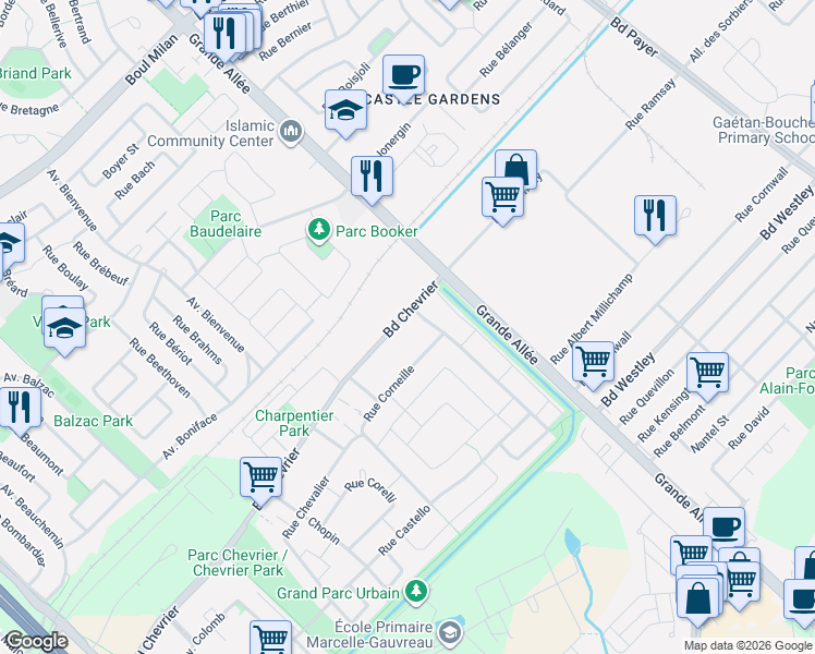 map of restaurants, bars, coffee shops, grocery stores, and more near 5645 Boulevard Chevrier in Brossard