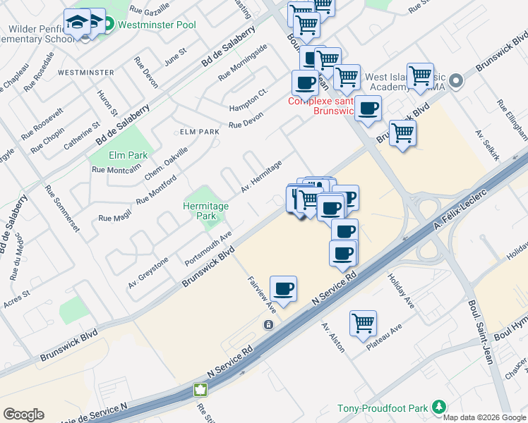 map of restaurants, bars, coffee shops, grocery stores, and more near 359 Boulevard Brunswick in Pointe-Claire