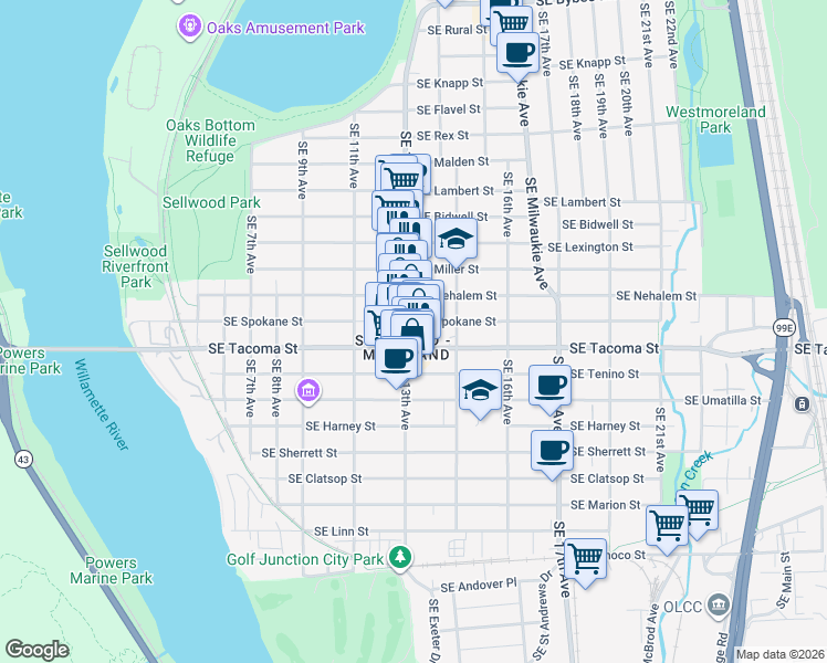 map of restaurants, bars, coffee shops, grocery stores, and more near 8070 Southeast 13th Avenue in Portland