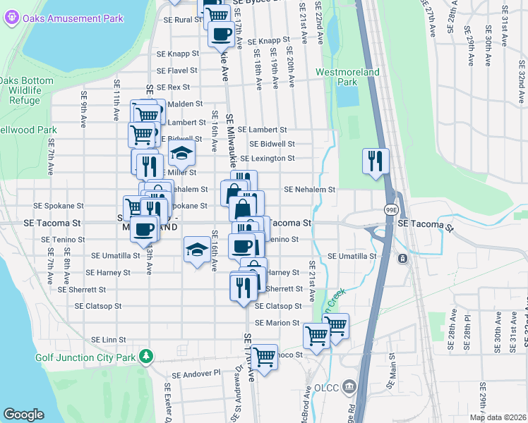 map of restaurants, bars, coffee shops, grocery stores, and more near 1792 Southeast Spokane Street in Portland
