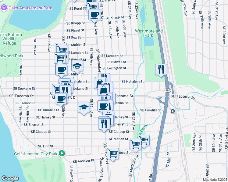 map of restaurants, bars, coffee shops, grocery stores, and more near 1804 Southeast Spokane Street in Portland