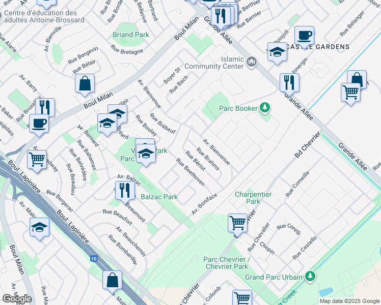 map of restaurants, bars, coffee shops, grocery stores, and more near 3845 Rue Bériot in Brossard