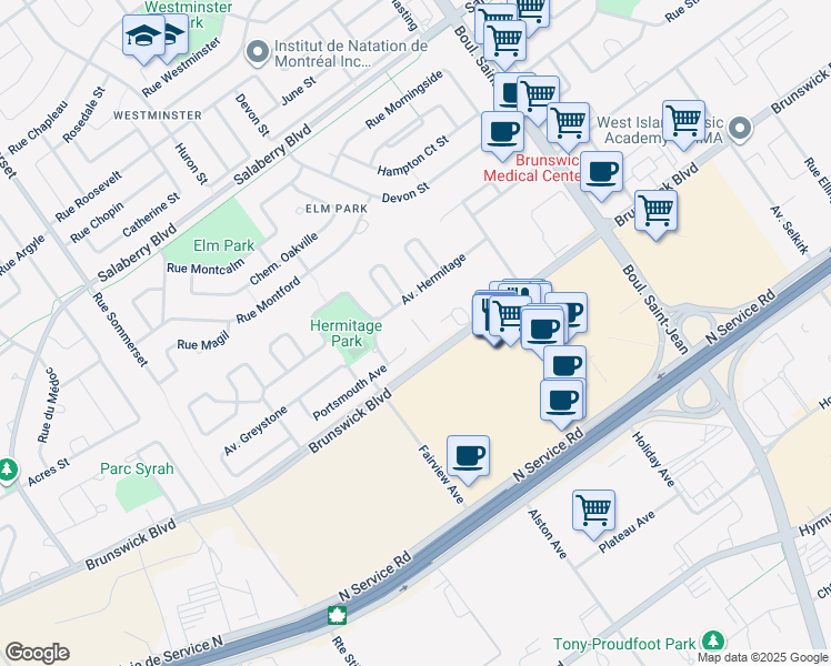 map of restaurants, bars, coffee shops, grocery stores, and more near 365 Brunswick Boulevard in Pointe-Claire