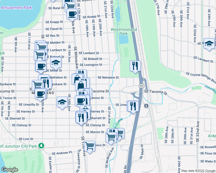 map of restaurants, bars, coffee shops, grocery stores, and more near 8026 Southeast 21st Avenue in Portland
