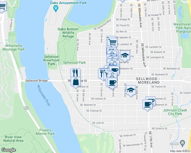 map of restaurants, bars, coffee shops, grocery stores, and more near 924 Southeast Spokane Street in Portland