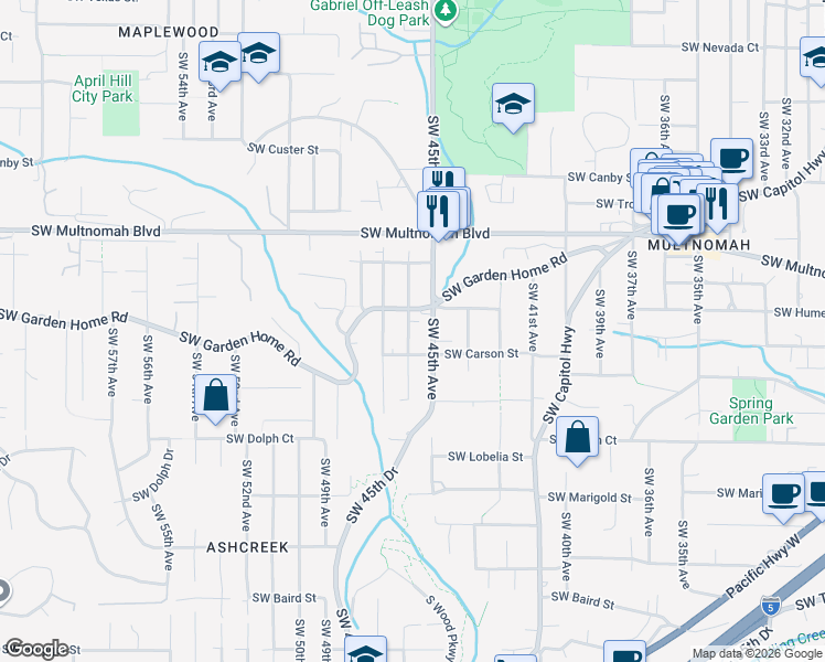 map of restaurants, bars, coffee shops, grocery stores, and more near 8232 Southwest 46th Avenue in Portland