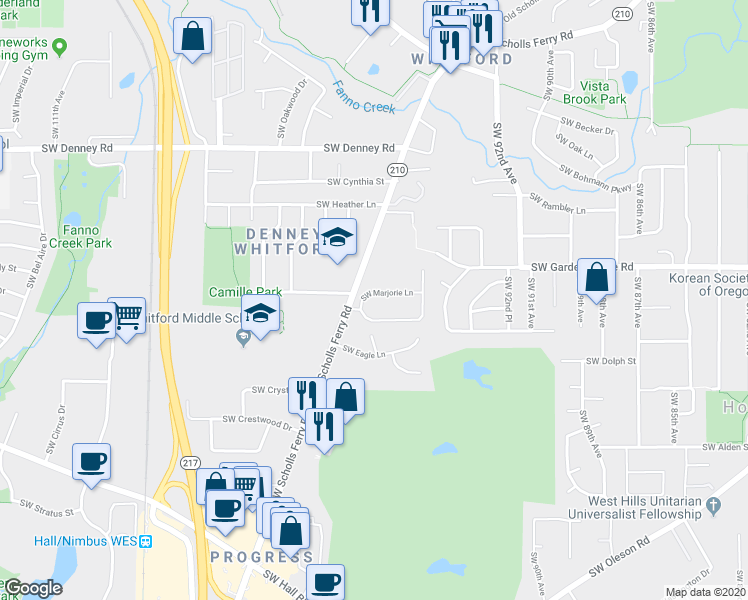 map of restaurants, bars, coffee shops, grocery stores, and more near 9680 Southwest Marjorie Lane in Beaverton