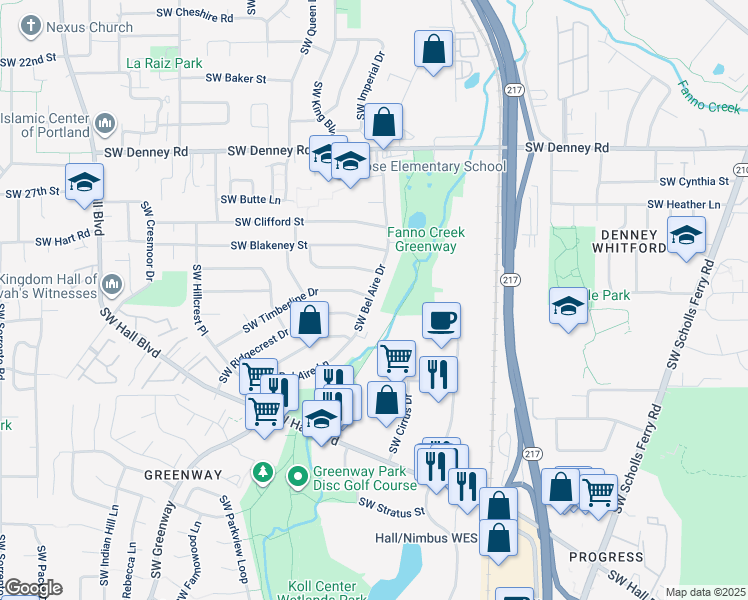 map of restaurants, bars, coffee shops, grocery stores, and more near 7620 Southwest Bel Aire Drive in Beaverton