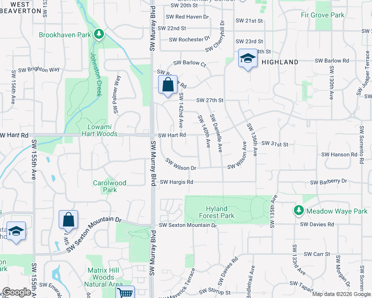 map of restaurants, bars, coffee shops, grocery stores, and more near 7650 Southwest 142nd Court in Beaverton