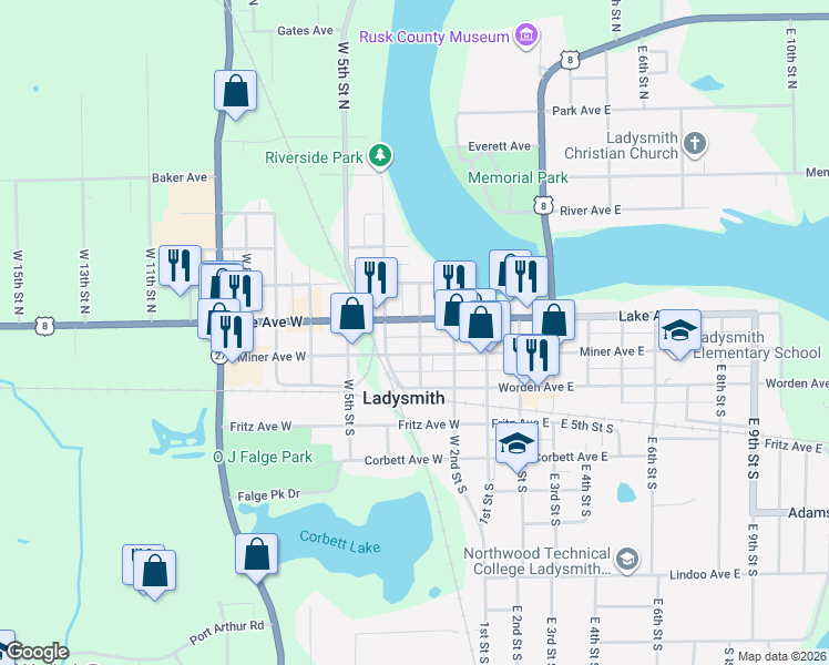map of restaurants, bars, coffee shops, grocery stores, and more near 300 Lake Avenue West in Ladysmith