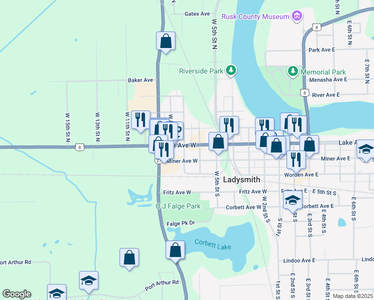 map of restaurants, bars, coffee shops, grocery stores, and more near 612 U.S. 8 in Ladysmith