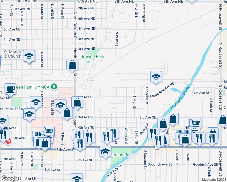 map of restaurants, bars, coffee shops, grocery stores, and more near 2-18 Boyd St S in Aberdeen