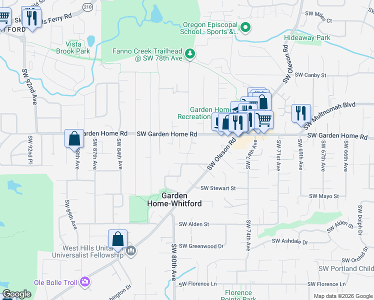 map of restaurants, bars, coffee shops, grocery stores, and more near 7620 Southwest 79th Avenue in Portland