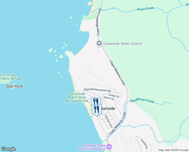 map of restaurants, bars, coffee shops, grocery stores, and more near 2040 Maxwell Mountain Road in Tillamook