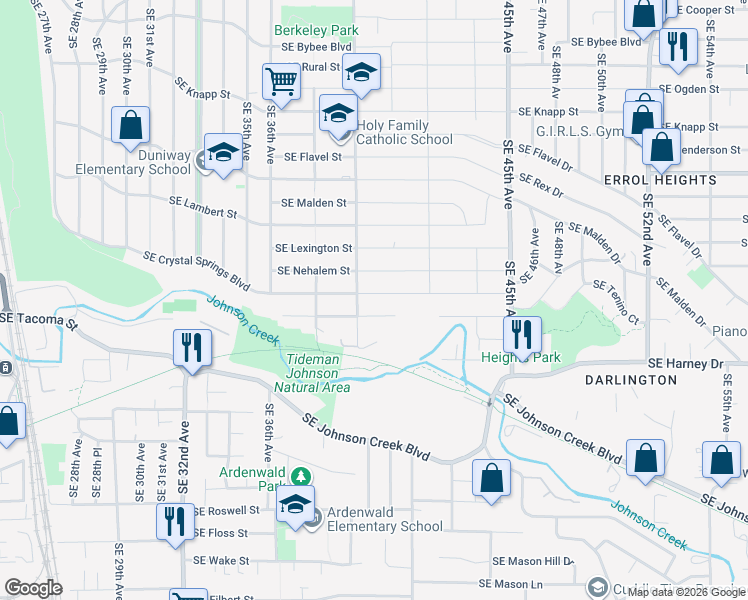 map of restaurants, bars, coffee shops, grocery stores, and more near 4002 Southeast Crystal Springs Boulevard in Portland