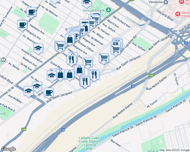 map of restaurants, bars, coffee shops, grocery stores, and more near in Montreal