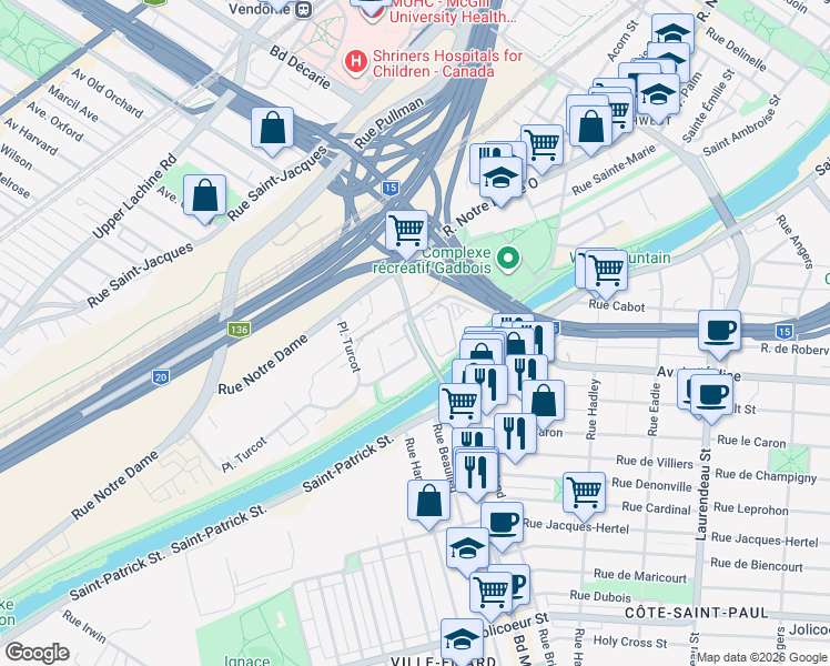 map of restaurants, bars, coffee shops, grocery stores, and more near Boulevard Monk in Montréal