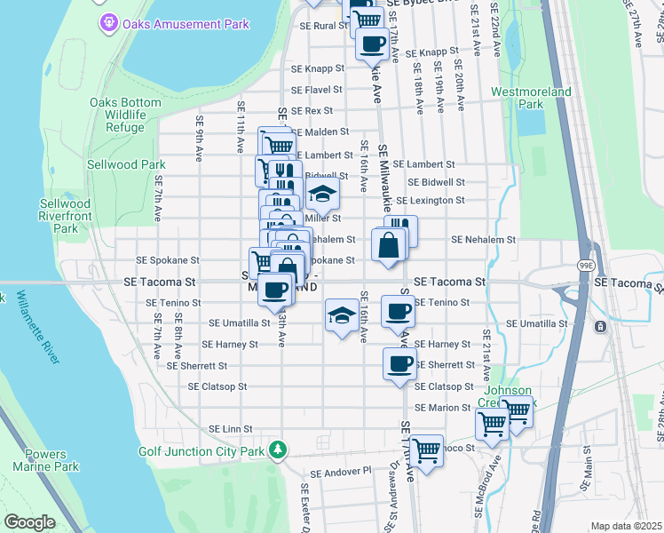 map of restaurants, bars, coffee shops, grocery stores, and more near 1516 SE Spokane St in Portland