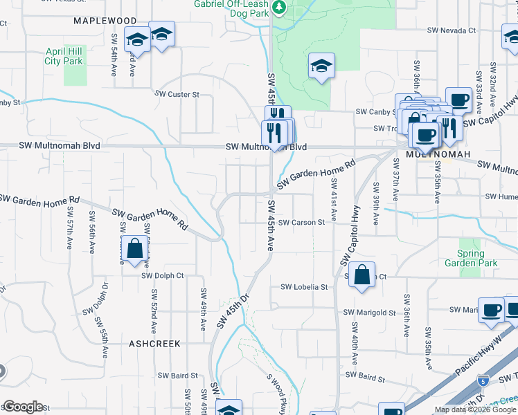 map of restaurants, bars, coffee shops, grocery stores, and more near 8232 Southwest 46th Avenue in Portland