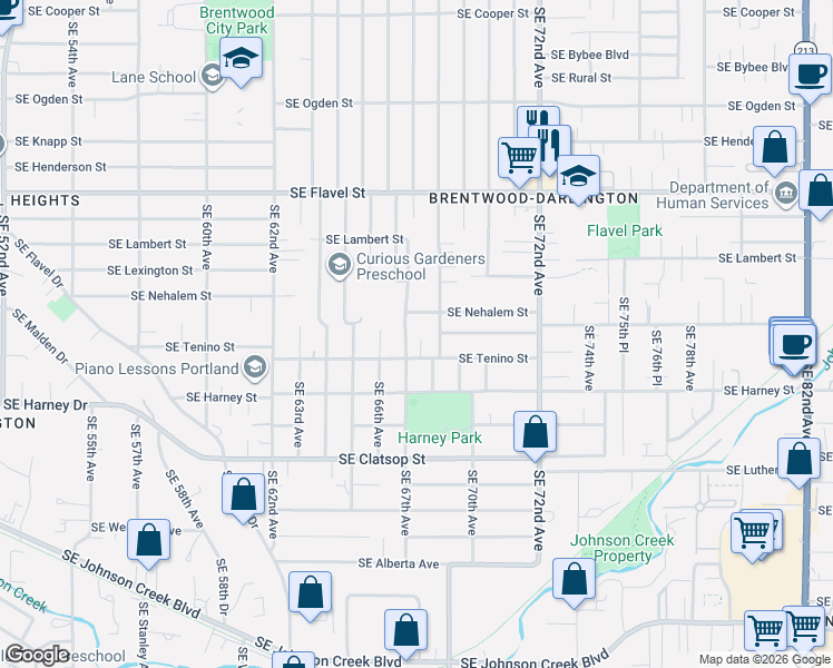 map of restaurants, bars, coffee shops, grocery stores, and more near 8106 Southeast 67th Avenue in Portland