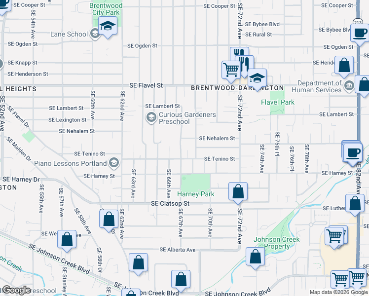 map of restaurants, bars, coffee shops, grocery stores, and more near 8106 Southeast 67th Avenue in Portland