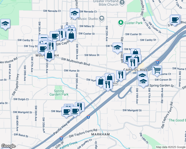 map of restaurants, bars, coffee shops, grocery stores, and more near 2721 Southwest Hume Court in Portland