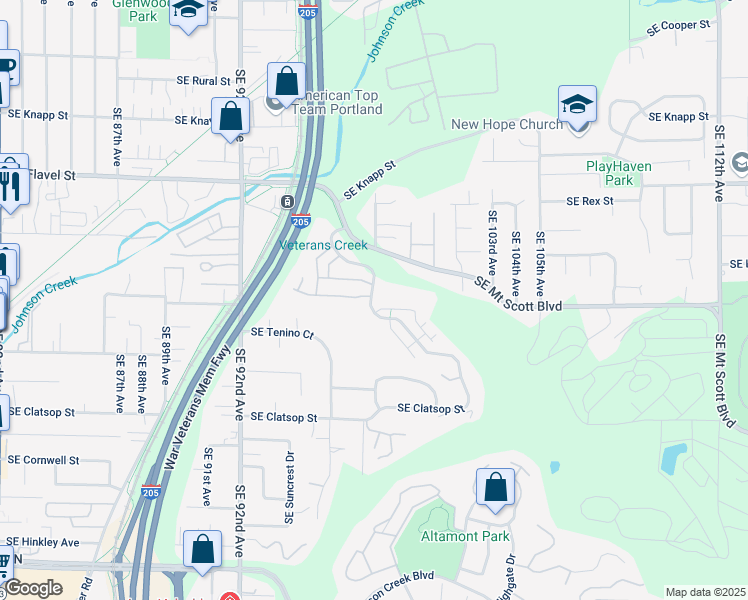 map of restaurants, bars, coffee shops, grocery stores, and more near 8042 Southeast Aspen Summit Drive in Portland