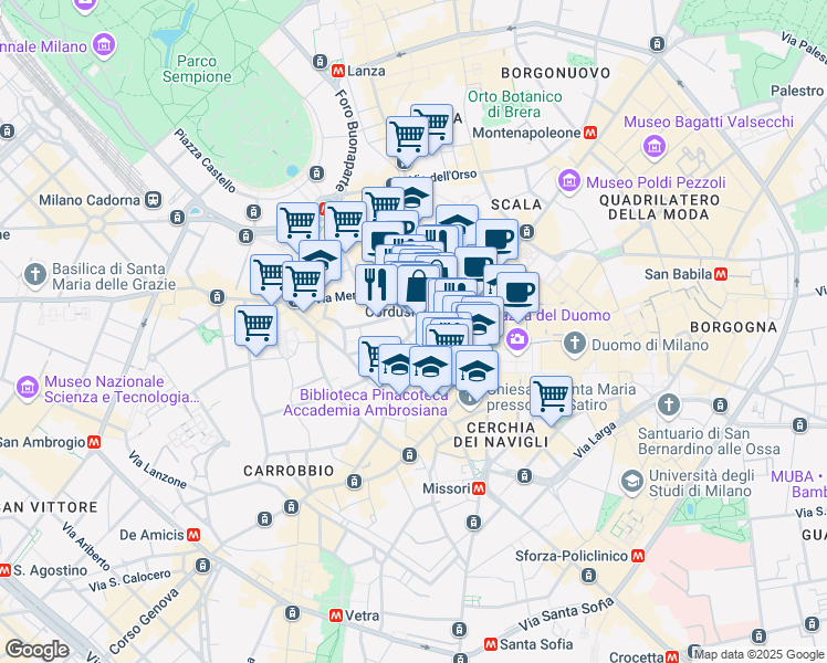 map of restaurants, bars, coffee shops, grocery stores, and more near Via Cordusio in Milano