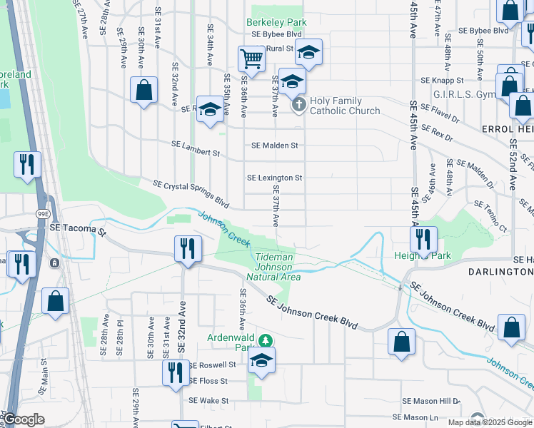 map of restaurants, bars, coffee shops, grocery stores, and more near 3664 Southeast Crystal Springs Boulevard in Portland