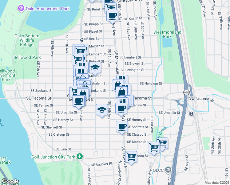map of restaurants, bars, coffee shops, grocery stores, and more near 1634 Southeast Spokane Street in Portland