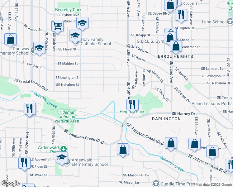 map of restaurants, bars, coffee shops, grocery stores, and more near 4334 Southeast Crystal Springs Boulevard in Portland
