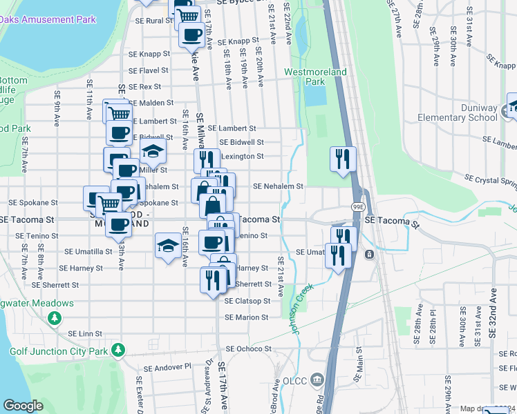 map of restaurants, bars, coffee shops, grocery stores, and more near 1924 Southeast Spokane Street in Portland