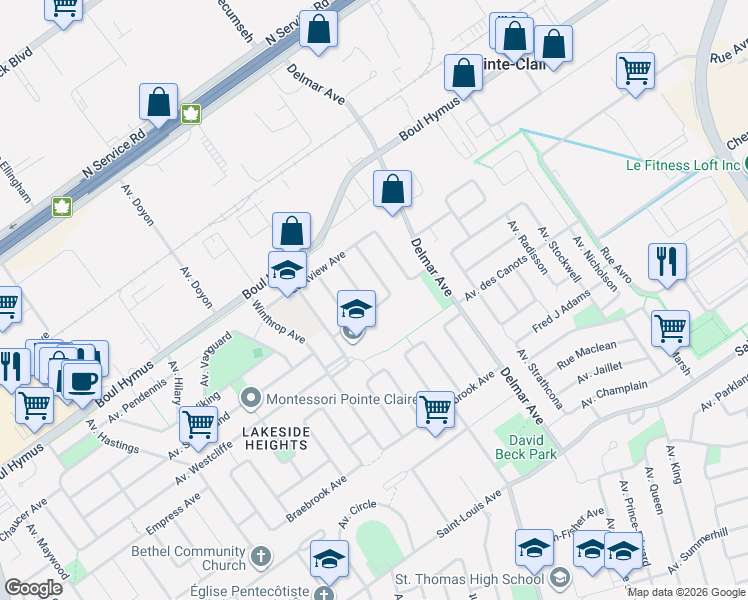 map of restaurants, bars, coffee shops, grocery stores, and more near 22 Avenue de Compton Crescent in Pointe-Claire