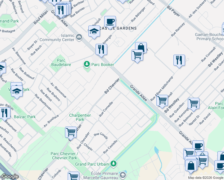 map of restaurants, bars, coffee shops, grocery stores, and more near 5645 Boulevard Chevrier in Brossard