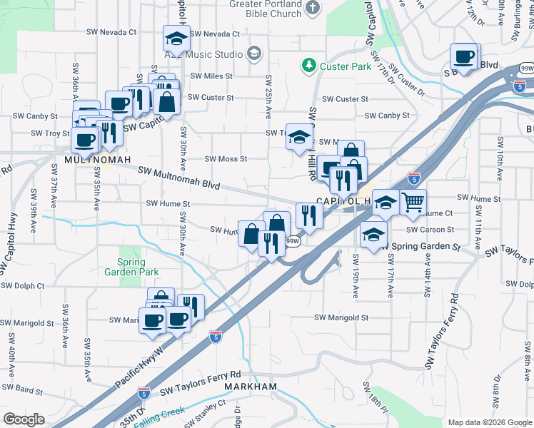 map of restaurants, bars, coffee shops, grocery stores, and more near 2510 Southwest Hume Court in Portland