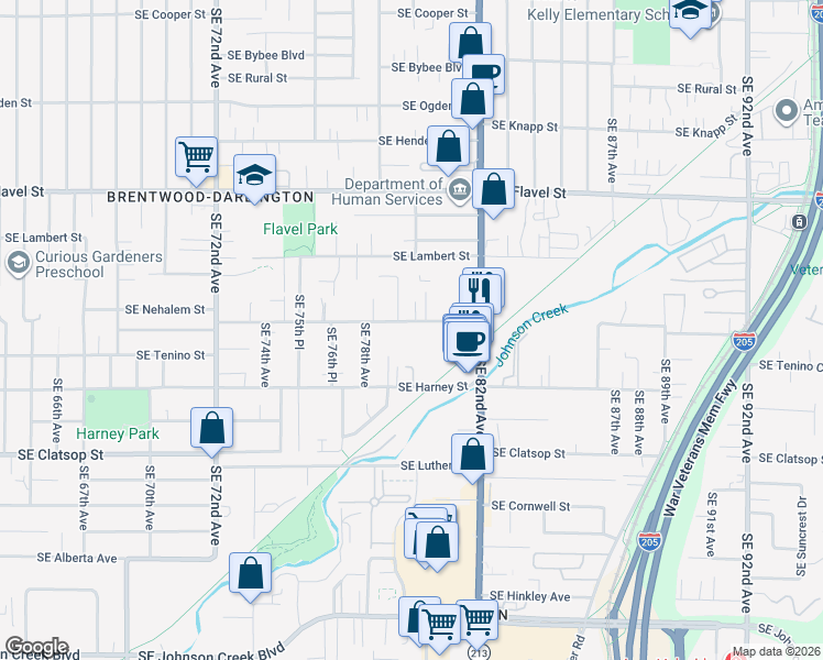 map of restaurants, bars, coffee shops, grocery stores, and more near 7928 Southeast Crystal Springs Boulevard in Portland