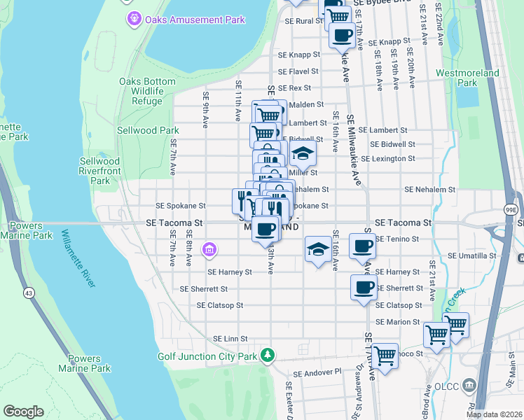 map of restaurants, bars, coffee shops, grocery stores, and more near 1212 Southeast Spokane Street in Portland