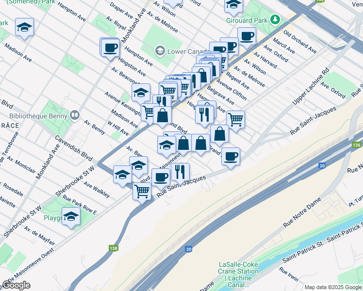 map of restaurants, bars, coffee shops, grocery stores, and more near 2251 Avenue Madison in Montréal