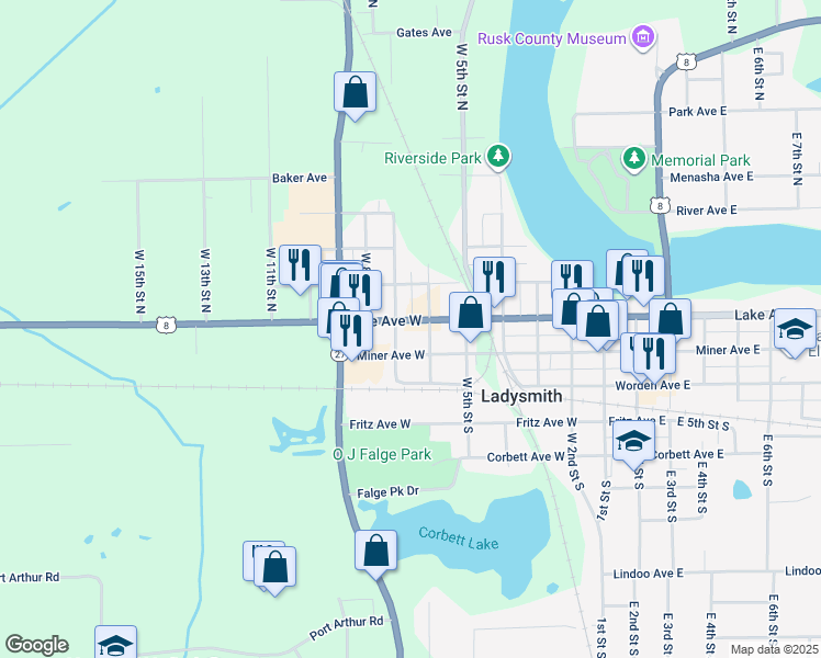 map of restaurants, bars, coffee shops, grocery stores, and more near 612 U.S. 8 in Ladysmith