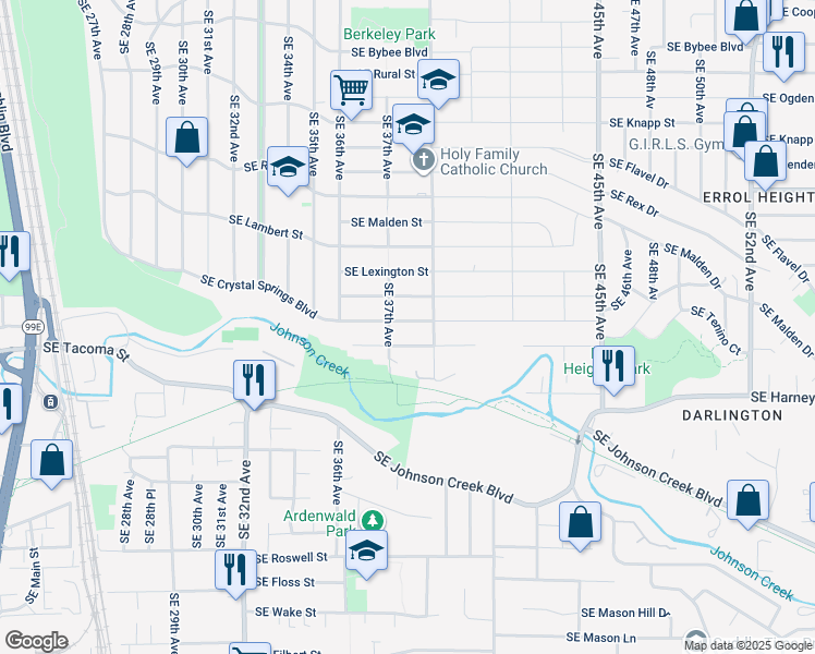 map of restaurants, bars, coffee shops, grocery stores, and more near 3738 Southeast Crystal Springs Boulevard in Portland