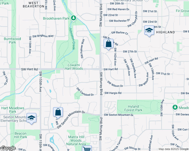 map of restaurants, bars, coffee shops, grocery stores, and more near 14570 Southwest Hart Road in Beaverton