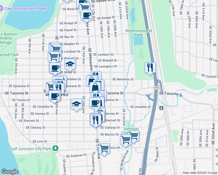 map of restaurants, bars, coffee shops, grocery stores, and more near 8057 Southeast 19th Avenue in Portland